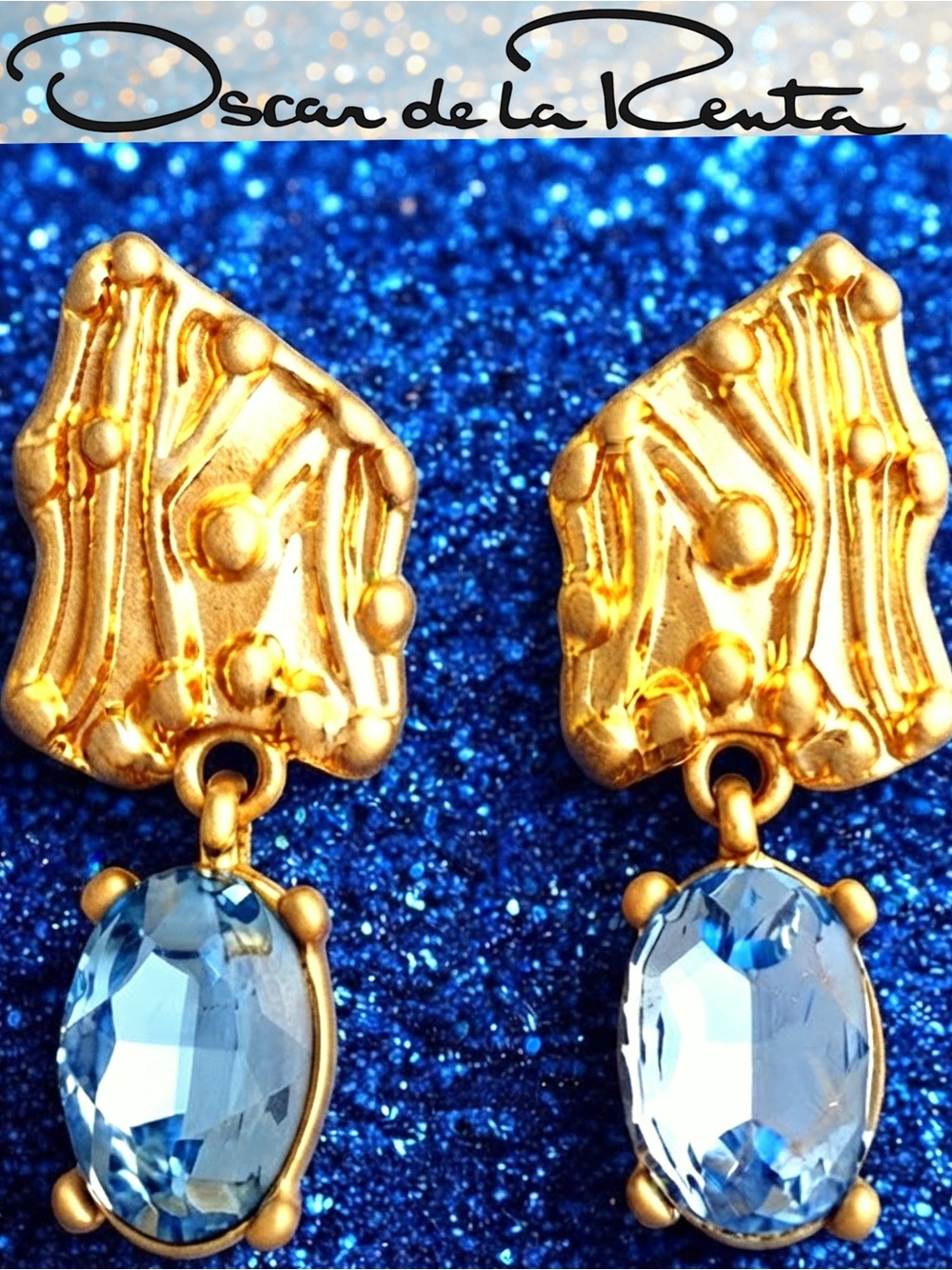 Oscar de la Renta Golden Shield Earrings w/Sky Blue Faceted Crystal Stones✨POST - Picture 9 of 9